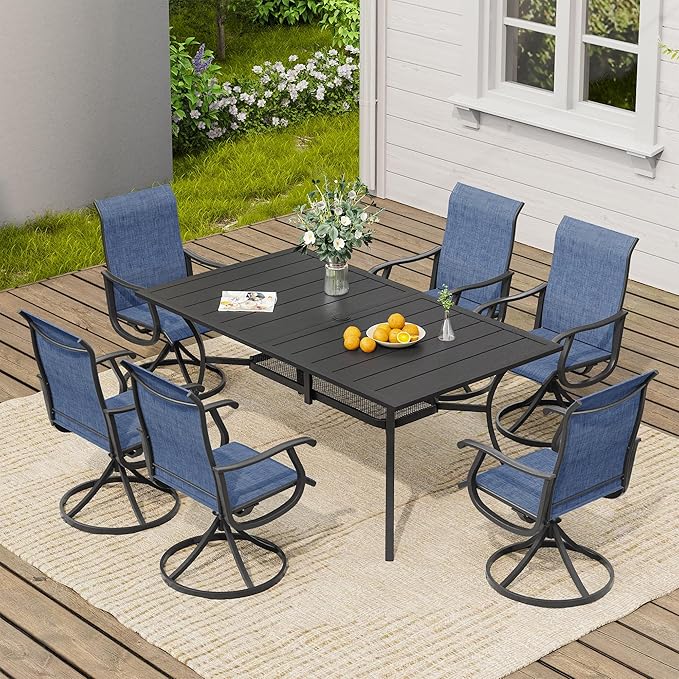 VICLLAX 7 Pieces Outdoor Dining Set, Patio Furniture Set of 6 Patio Swivel Dining Chairs and Rectangular Patio Table with Storage Shelf, Navy Blue Chairs & Black Tabletop