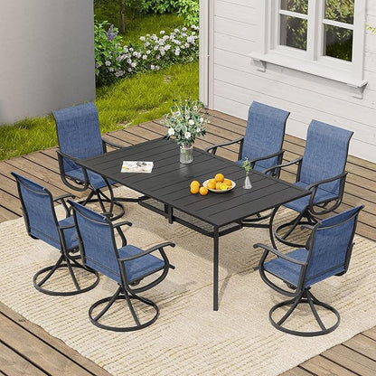 VICLLAX 7 Pieces Outdoor Dining Set, Patio Furniture Set of 6 Patio Swivel Dining Chairs and Rectangular Patio Table with Storage Shelf, Navy Blue Chairs & Black Tabletop