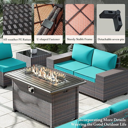 Outdoor Patio Furniture Set with Propane Fire Pit Table, 13 Pieces Outdoor Furniture Patio Sectional Sofa Conversation Sets w/ETL Approved 43" Gas Outdoor Fire Table & Coffee Table Blue.