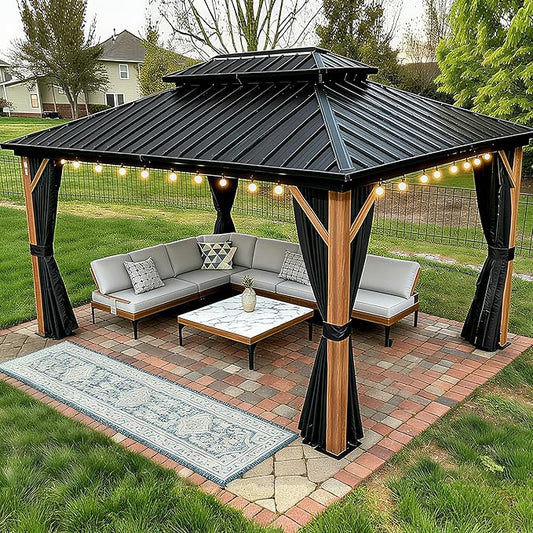 PURPLE LEAF 10' X 14' Hardtop Gazebo Outdoor Wood Grain Aluminum Frame Galvanized Steel Double Roof Gazebos with String Lights for Patio Deck Backyard Garden