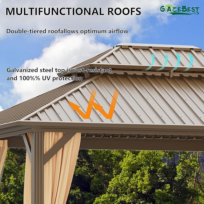10'x12' Hardtop Gazebo Outdoor Aluminum Patio Gazebo Double Roof Galvanized Steel Canopy with Netting and Curtains for Garden, Backyard,Deck and Lawns