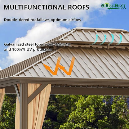 10'x12' Hardtop Gazebo Outdoor Aluminum Patio Gazebo Double Roof Galvanized Steel Canopy with Netting and Curtains for Garden, Backyard,Deck and Lawns