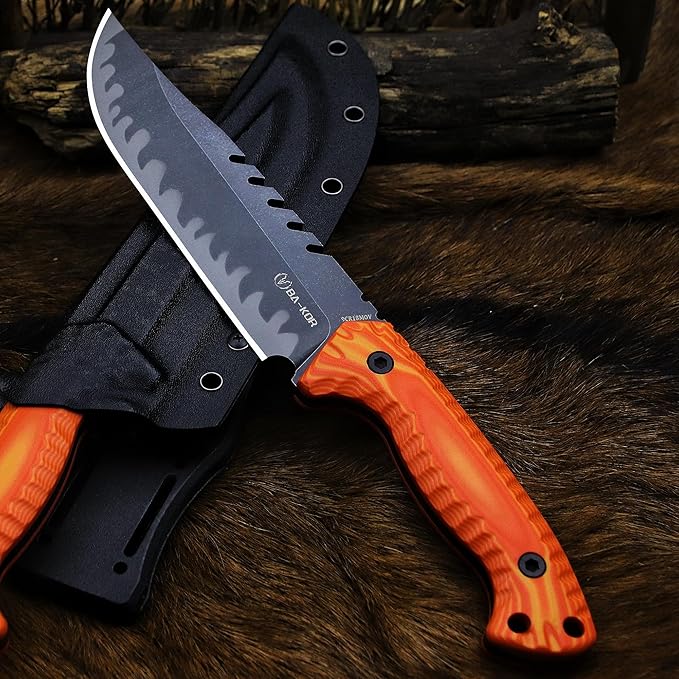 BA-KOR 12.4in Full Tang Fixed Blade Hunting Knife – 6mm 9CR18MoV Steel, G10 Handle, Stonewashed Sawback Blade with Kydex Sheath & Fire Starter for Outdoor, Camping, Survival (Orange with light yellow stripes)