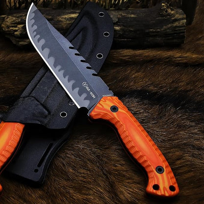 BA-KOR 12.4in Full Tang Fixed Blade Hunting Knife – 6mm 9CR18MoV Steel, G10 Handle, Stonewashed Sawback Blade with Kydex Sheath & Fire Starter for Outdoor, Camping, Survival (Orange with light yellow stripes)