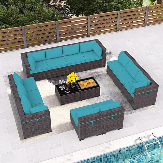 Outdoor Patio Furniture Set, 14 Pieces Outdoor Furniture All Weather Patio Sectional Sofa PE Wicker Modular Conversation Sets with Coffee Table,12 Chairs & Seat Clips(Turquoise Blue)