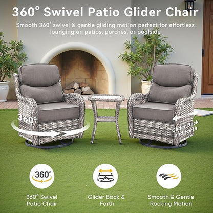 Luxury High Back Outdoor Swivel Rocker Patio Chairs with Side Table & 6-Inch Thick Cushions, 2 Pieces Patio Furniture Set for Porch, Balcony, Deck and Yard