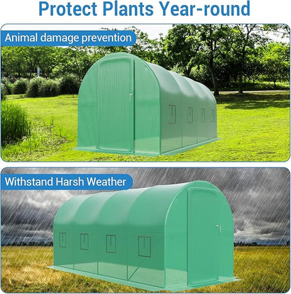 15X7x7 Ft Walk-in Tunnel Greenhouse for Outdoor Gardening - Heavy Duty Galvanized Steel Hoop House with Green PE Cover, A Swing Door & 8 Vent Windows, Garden Plant Protection for Winter Use