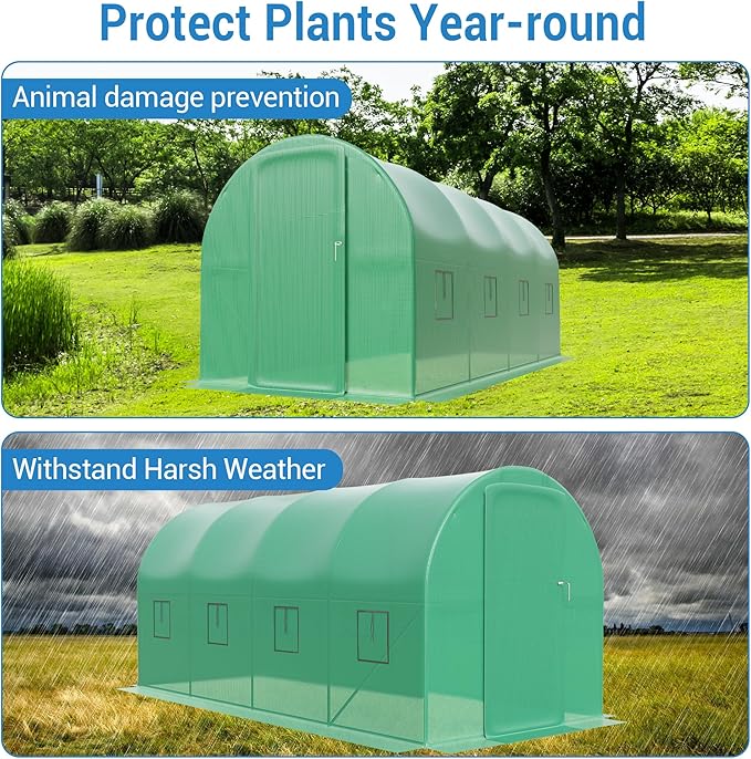 15x7x7 ft Walk-in Tunnel Greenhouse for Outdoor Gardening - Heavy Duty Galvanized Steel Hoop House with Green PE Cover, A Swing Door & 8 Vent Windows, Plant Protection & Year-Round Growing