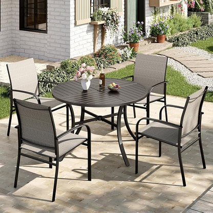 Patio Table and Chairs Set for 4, 5 Pieces Outdoor Dining Set, 4 Brown Textilene Chairs and 42" Metal Round Table with Umbrella Hole, for Deck Garden Backyard Lawn Poolside