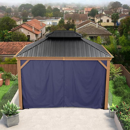 PURPLE LEAF 10' X 12' Outdoor Hardtop Gazebo for Patio Galvanized Steel Double Roof Permanent Canopy Teak Finish Coated Aluminum Frame Pavilion Gazebo with Netting and Navy Blue Curtains