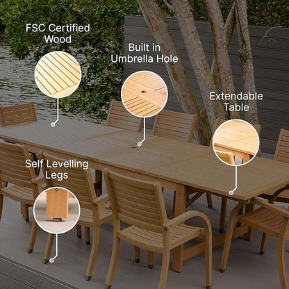 Amazonia Jefferson 9-Piece Patio Extendable Dining Table Set | Teak Finish & Light Grey Wicker Chairs with Cushion | Ideal for Outdoors and Indoors