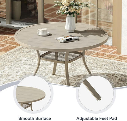 VICLLAX 47.2" Outdoor Round Patio Dining Table for 4-6, All Weather Metal Dining Table with Umbrella Hole for Deck Lawn Garden Backyard, Sandshell