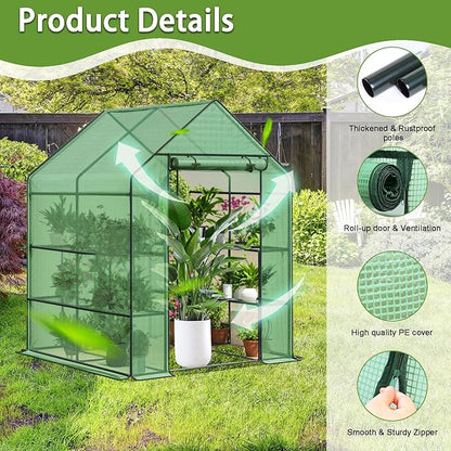 Greenhouse, 56 x 56 x 76'' Heavy Duty Greenhouses for Outdoors, Green House with Roll-Up Door Thicken PE Cover, Portable Walk-in Green Houses for Outside with 3 Tier 8 Shelves