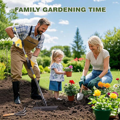 8 Piece Stainless Steel Gardening Tool Set - 17 Tine Heavy Duty Rake, 5 Piece Hand Tool Kit, Pruning Shears, and Gloves - All Season Gardening Essentials