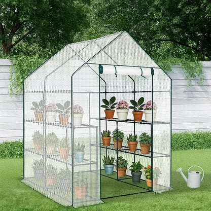 Outvita Walk-in Greenhouse, Outdoor Durable PE Plant Green House for Frost Protection with 3 Tiers 8 Shelves, Shelf Clips, Roll-up Zipper Door, 56"x56"x77" White