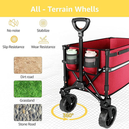 Collapsible Wagon Cart with Wheels Foldable - Folding Utility Heavy Duty Wagons Carts for Grocery Sports Garden Shopping Camping Wheelbarrows, Burgundy
