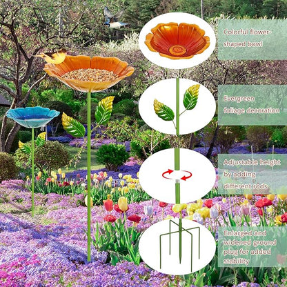 2 Pack Bird Bath for Outside, 31.3" H Metal Birdbaths, 10.63" Dia Garden Flower Bird Water Bowl, Freestanding Hummingbird Bath for Outdoors Garden Patio Yard Decor (Blue,Yellow)
