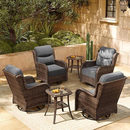 HILLGA Luxury Patio Furniture Set with 6-inch Thick Cushion, Outdoor High Back Swivel Rocker Patio Chairs, 6PCS Wicker Conversation Set for Deck Yard and Poolside, Dark Grey (V2)