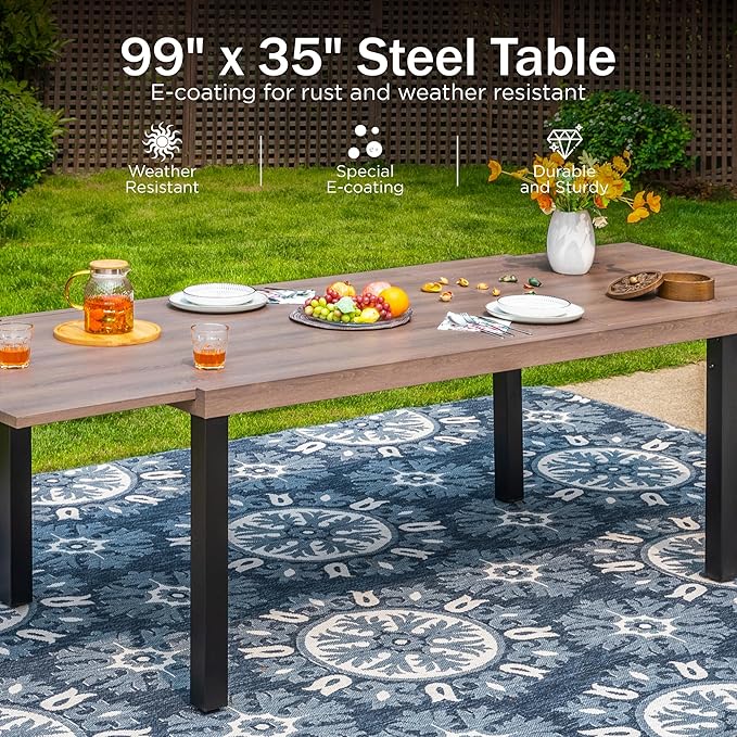 PHI VILLA 9 Piece Patio Dining Set for 8, Expandable Wood-Like Metal Dining Table & Wicker Chairs with Cushions, Large Dining Furniture for Outdoor Deck, Backyard, Porch