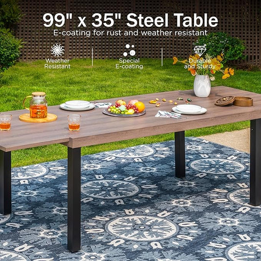 PHI VILLA 9 Piece Outdoor Dining Set for 8, Expandable Wood-Like Metal Dining Table & Wicker Chairs with Cushions, Large Dining Furniture for Patio, Deck, Backyard, Porch