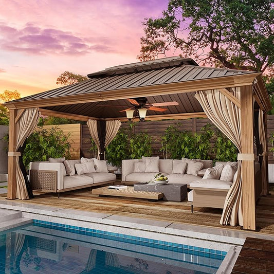 YOLENY 12' x 16' Hardtop Gazebo, Wood-Looking Gazebo with Galvanized Steel Double Roof, Aluminum Frame with Netting and Curtains for Deck, Backyard, Patio and Lawns