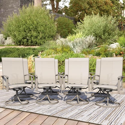 Patio Swivel Chairs Set of 8, Outdoor Swivel Chairs with Armrest, High Back Patio Chair with Metal Frame, All-Weather Outdoor Dining Chair for Deck, Porch and Lawn, Ivory Beige
