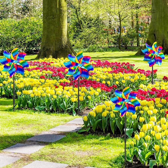10 Packs Rainbow Pinwheels Outdoor Wind Spinners Pin Wheel Windmills Sparkly Gradient Scare Birds Animal Away Wheel Spinners Yards Garden Decor