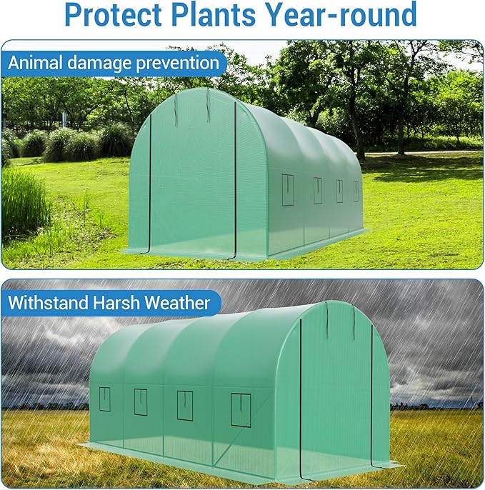 15X7x7 Ft Walk-in Tunnel Greenhouse for Outdoor Gardening - Heavy Duty Galvanized Steel Hoop House with Green PE Cover, Roll-Up Zipper Door & 8 Vent Windows, Garden Plant Protection for Winter Use