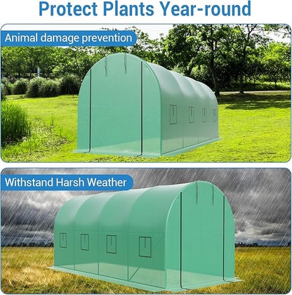 15X7x7 Ft Walk-in Tunnel Greenhouse for Outdoor Gardening - Heavy Duty Galvanized Steel Hoop House with Green PE Cover, Roll-Up Zipper Door & 8 Vent Windows, Garden Plant Protection for Winter Use