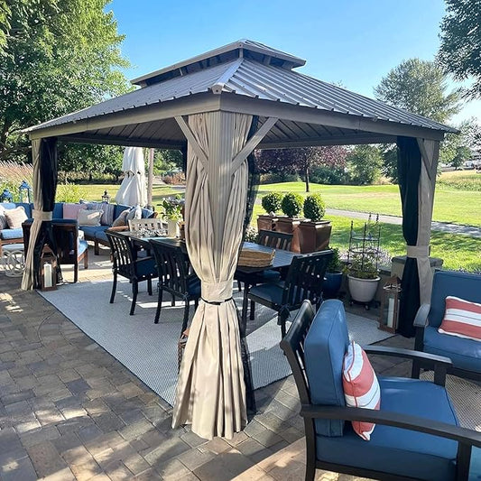PURPLE LEAF 10' x 14' Outdoor Hardtop Gazebo, Champagne Aluminum Gazebo with Galvanized Steel Double Roof, Curtains and Netting for Patio Lawn and Garden