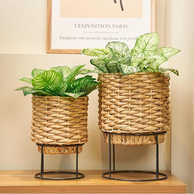 Set of 2 Water Hyacinth Planter Pot with Metal Stand - Indoor Plant, Flower, Succulent, Basket Planter, Decorative Pot Cover (Twisted)
