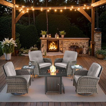7 Piece Patio Furniture Set with Fire Pit Table - Wicker Patio Conversation Set with 4 Swivel Glider Chairs and 2 Tempered Glass Side Tables for Deck Backyard - Brown Wicker Beige Cushion