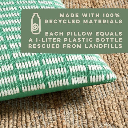 TOWN & COUNTRY TERRA Alara Textured Geo Stripe Handcrafted Indoor Outdoor Decorative Pillow, 100% Recycled Materials, UV Fade Resistant, Water Repellent, Green/Ivory, 14"x20"