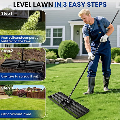 Lawn Leveling Rake, 30x10 Inch Carbon Steel Soil Leveler with 78" Adjustable Long Handle, Perfect for Yard, Golf Field, Dirt & Ground Surfaces