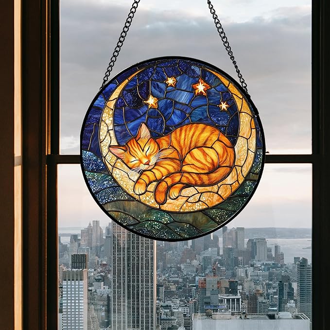 Stained Glass Window Hanging - Orange Moon Sleeping Cat Sun Catcher for Door Home Decor Blue Starry Sky Suncatcher Christmas Mother's Day Birthday Gifts for Women Men Mom Nana 6.3 in