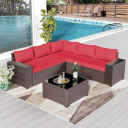 Outdoor Patio Furniture Set, 6 Pcs Outdoor Furniture All Weather Patio Sectional Sofas PE Wicker Modular Conversation Set with Coffee Table,5 Chairs & Seat Clips Red