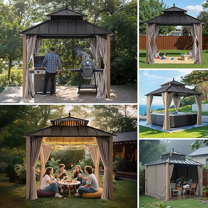 SUNJOY Kingston 10' x 10' Hardtop Gazebo with Galvanized Steel Double Roof, Curtain and Netting, Woodgrain Finish Aluminum Posts Permanent Pavilion Gazebo for Garden, Patio, Deck, Lawn