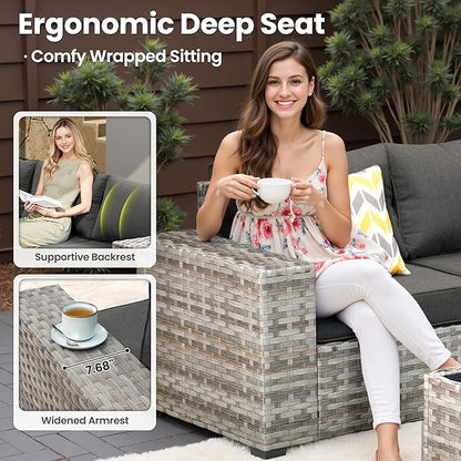 ovios 9 Pieces Patio Furniture Set, Outdoor Wicker Sectional Sofa with 2 Swivel Chairs Coffee Table, Modern Modular Deep Seat Rattan Couch Conversation Sets, Black
