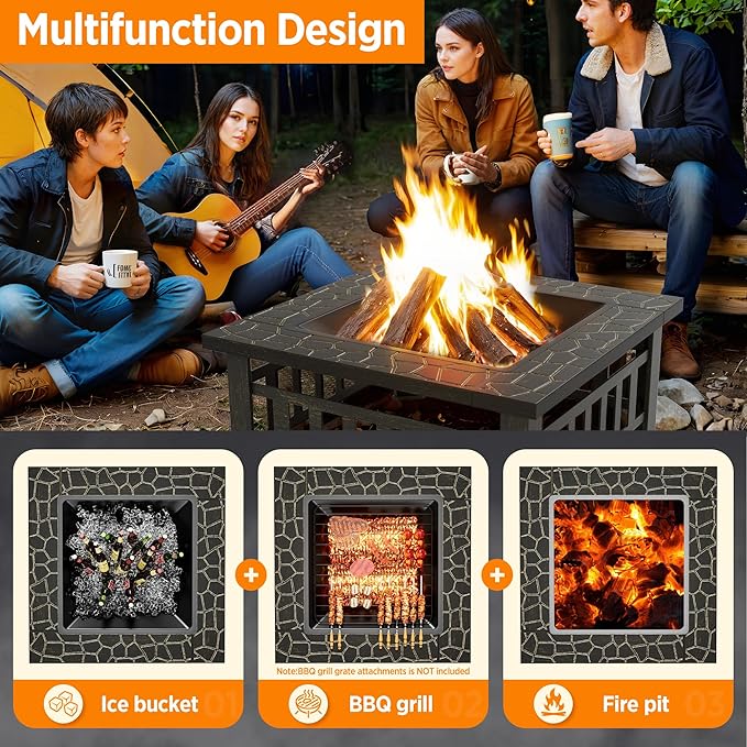 Flamaker Outdoor Fire Pit 32 Inch Firepit Tables Backyard Mutifunctional Square Metal Stove Wood Burning with Cover Poker for Patio, Camping, Bonfire (Bronze)