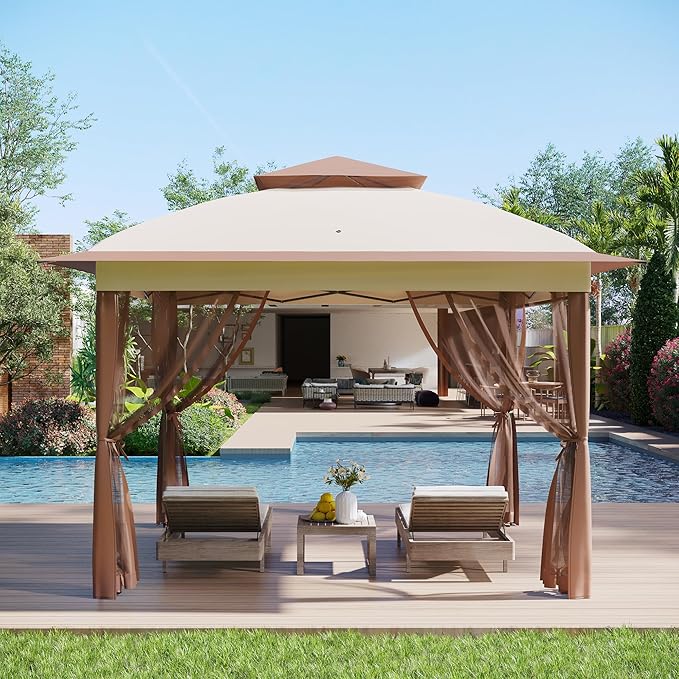 11x11 Pop Up Instant Gazebo Tent for Backyard, Pop Up Gazebo With Mosquito Netting, Outdoor Canopy Gazebos Waterproof With Portable Carrying Bag