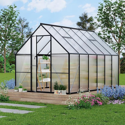 8 ft x12 ft Aluminum-Framed Polycarbonate Greenhouse, Heavy Duty Polycarbonate Greenhouse with Quick Setup Structure and Roof Vent, Large Enhanced Aluminum Green House Kit for Outdoors