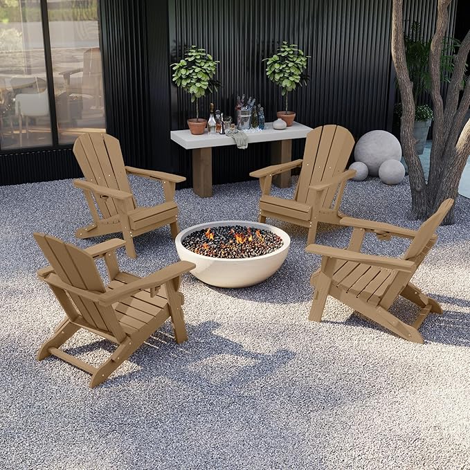 Kingdura Foldable Adirondack Chair, Portable HDPE All Weather Resistant Outdoor Patio Chair, Wooden Textured with Cup Holder, 380LBS Capacity for Poolside, Backyard, Deck, Fire Pit (Brown