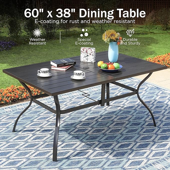 PHI VILLA 7 Piece Patio Dining Set for 6, Outdoor Slatted Metal Dining Table with Umbrella Hole & Cushioned Wicker Chairs for Patio, Deck, Yard, Porch