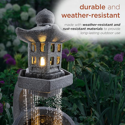 Alpine Corporation DIG370 31" Outdoor Zen Pagoda Water Fountain with LED Lights & Illuminated Stone Bowl – Tranquil Garden Water Feature for Relaxation and Ambiance, Gray