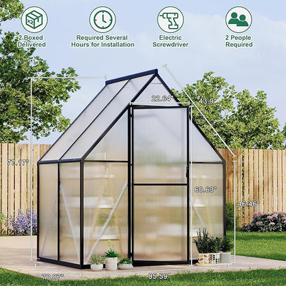 6X4 ft Polycarbonate Greenhouse with Aluminum Frame, Polycarbonate Greenhouse for Outdoors, Greenhouses with Ventilation and Rain Gutter, Aluminum Large Walk-in Greenhouses for Outside