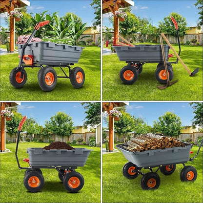 Garden Dump Cart, Poly Yard Dump Cart Wagon with 10-Inch Tires, 180° Rotating Handle, Heavy Duty Garden Carts and Wagons Heavy Duty