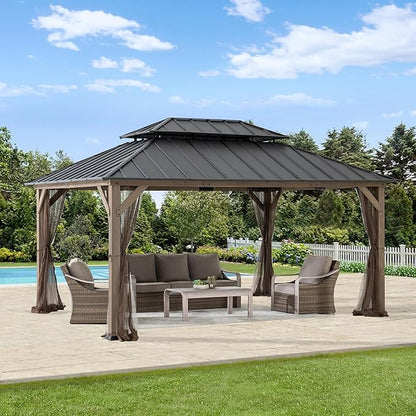 SUNJOY 12x16 Hardtop Wood Gazebo with Galvanized Steel Roof and Mosquito Netting, Outdoor Permanent Pavilion Cedar Gazebo for Backyard, Garden, Patio, Deck, Lawn