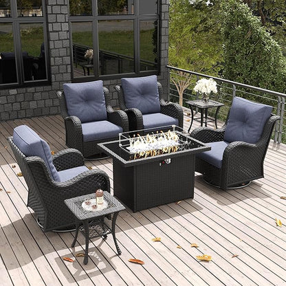 LayinSun 7 Pieces Outdoor Patio Furniture Set with Fire Pit Table, Rattan Wicker Swivel Rocker Chairs Sets with Swivel Glider Chairs and Coffee Table