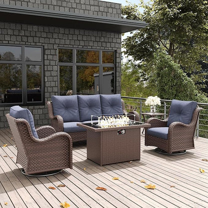 LayinSun 5 Pieces Outdoor Patio Furniture Set with Fire Pit Table, Rattan Wicker Sectional Swivel Rocker Chairs Sets with Swivel Glider Chair and Coffee Table