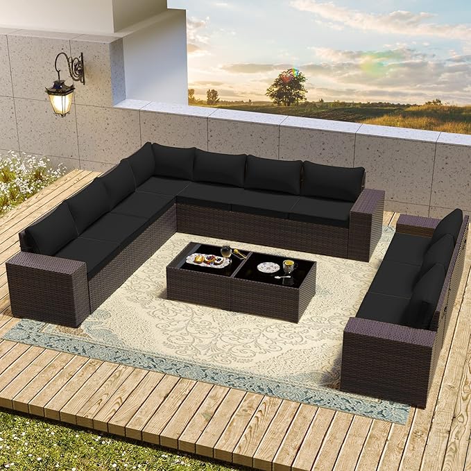 Outdoor Patio Furniture Set, 12 Pieces Outdoor Furniture All Weather Patio Sectional Sofa PE Wicker Modular Conversation Sets with Coffee Table,10 Chairs & Seat Clips(Black)